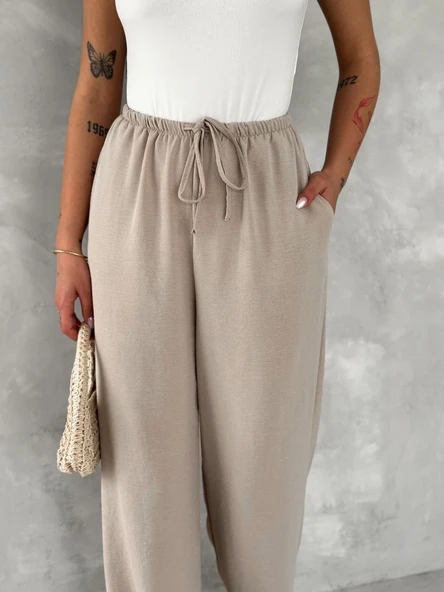 Kadın Ayrobin Oversize Kadın Pantalon - Bej - Resim 2