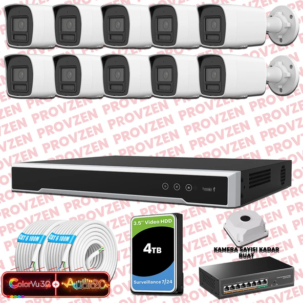 Provzen Hikvision 10 Kameralı 6MP IP ColorVu 3.0 Güvenlik Sistemi AI İnsan Araç Algılama Çift Yönlü Ses ve Işıklı Alarm ürün görseli 1