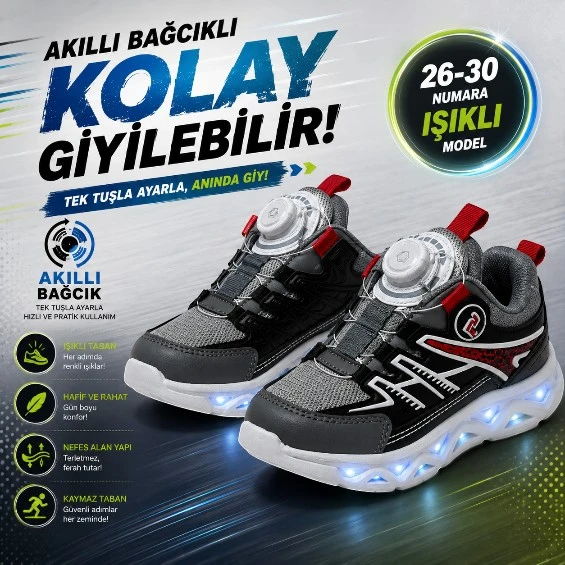 PROMAX AKILLI BAĞCIKLI IŞIKLI ÇOCUK SPOR AYAKKABI GRİ 26-30 KOLAY GİYİLEBİLİR ürün görseli 1