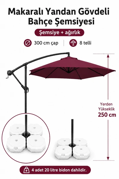 Bordo Makaralı Bahçe Şemsiyesi 300 cm Çap / 8 Telli + 4'lü 20 lt Sabitleyici Bidon DAHİLDİR ürün görseli 1