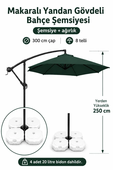 Koyu Yeşil Makaralı Bahçe Şemsiyesi 300 cm Çap / 8 Telli + 4'lü 20 lt Sabitleyici Bidon DAHİLDİR ürün görseli 1