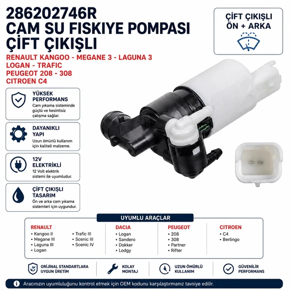 286202746R Cam Su Fıskiye Pompası Çift Çıkışlı Renault Kangoo Megane 3 ürün görseli 1