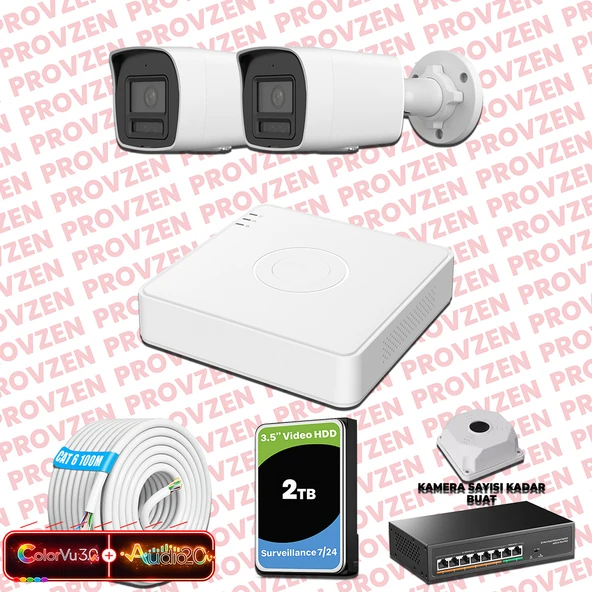 Provzen Hikvision 2 Kameralı 6MP IP ColorVu 3.0 Güvenlik Sistemi AI İnsan Araç Algılama Çift Yönlü Ses ve Işıklı Alarm ürün görseli 1