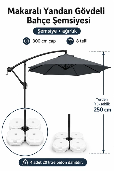 Antrasit Makaralı Bahçe Şemsiyesi 300 cm Çap / 8 Telli + 4'lü 20 lt Sabitleyici Bidon DAHİLDİR ürün görseli 1
