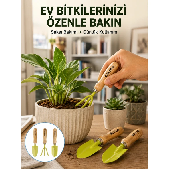 Ahşap Saplı Mini Bahçe El Aleti Seti Saksı ve Çiçek Bakım Seti ürün görseli 1