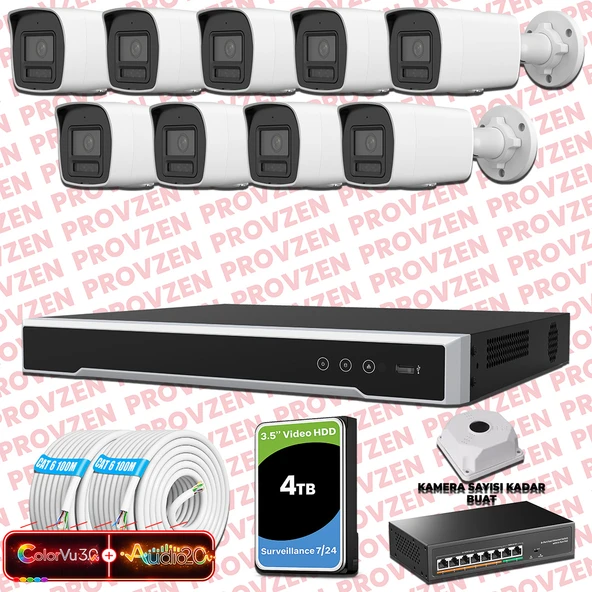 Provzen Hikvision 9 Kameralı 6MP IP ColorVu 3.0 Güvenlik Sistemi AI İnsan Araç Algılama Çift Yönlü Ses ve Işıklı Alarm ürün görseli 1