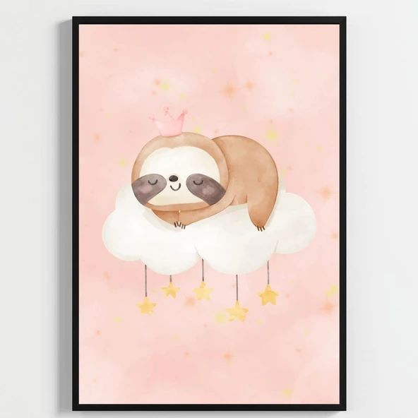 Besay Sevimli Tembel Hayvan | Bebek Odası Duvar Dekorasyonu | Pembe Bulutlu Ve Balonlu Çocuk Odası Posteri | 3'Lü Set A4 Çerçev ürün görseli 1