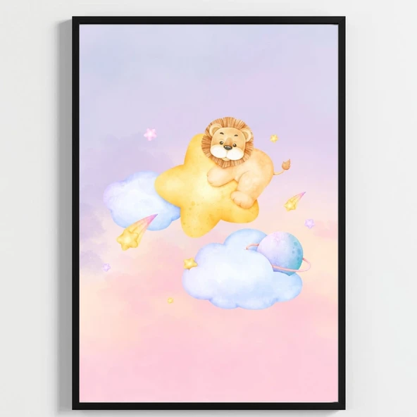 Besay Küçük Kralın Rüyası | Yavru Aslanlı Suluboya Gezegen Ve Bulut Temalı Bebek Odası Posteri | 3'Lü Çocuk Odası Poster Seti A ürün görseli 1