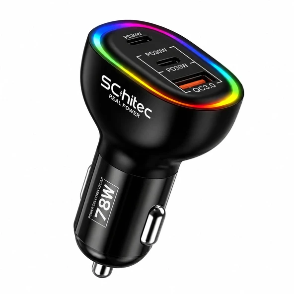 Schitec 78W 3 Portlu Araç Şarj Aleti Çift Type-C PD 30W + USB QC 3.0 Hızlı Şarj RGB Işıklı ürün görseli 1