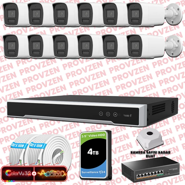 Provzen Hikvision 12 Kameralı 6MP IP ColorVu 3.0 Güvenlik Sistemi AI İnsan Araç Algılama Çift Yönlü Ses ve Işıklı Alarm ürün görseli 1