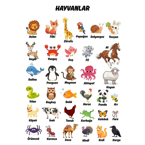 Besay Hayvanlar Çocuk Türkçe Eğitim Tekli A3 Çerçevesiz ürün görseli 1