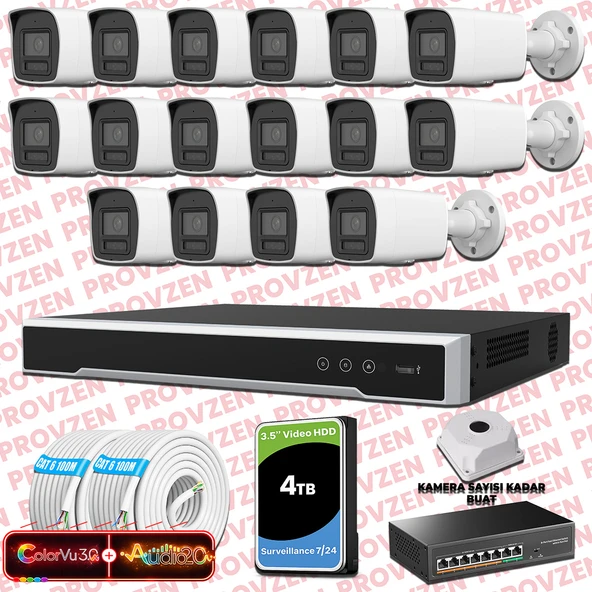 Provzen Hikvision 16 Kameralı 6MP IP ColorVu 3.0 Güvenlik Sistemi AI İnsan Araç Algılama Çift Yönlü Ses ve Işıklı Alarm ürün görseli 1