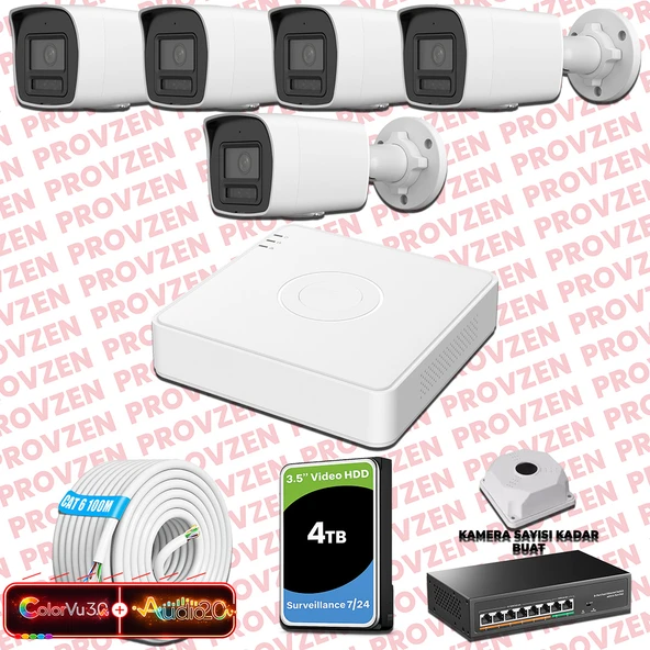 Provzen Hikvision 5 Kameralı 6MP IP ColorVu 3.0 Güvenlik Sistemi AI İnsan Araç Algılama Çift Yönlü Ses ve Işıklı Alarm ürün görseli 1