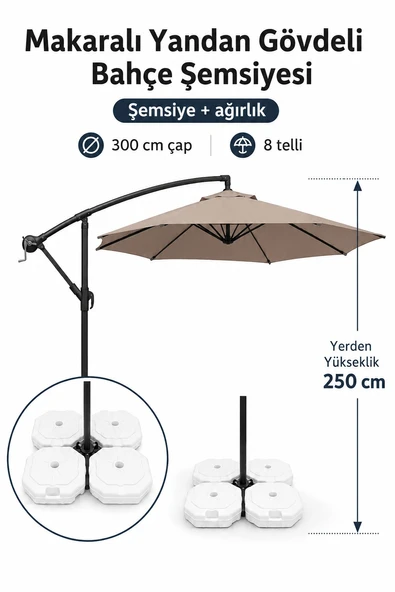 Koyu Krem Makaralı Bahçe Şemsiyesi 300 cm Çap / 8 Telli + 4'lü 20 lt Sabitleyici Bidon DAHİLDİR ürün görseli 1