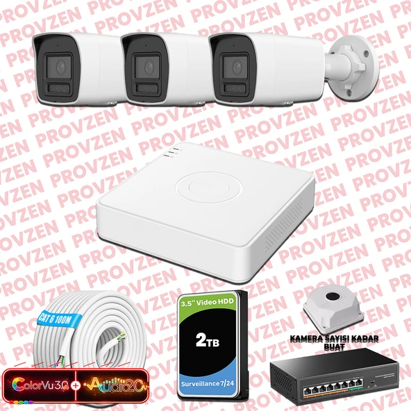 Provzen Hikvision 3 Kameralı 6MP IP ColorVu 3.0 Güvenlik Sistemi AI İnsan Araç Algılama Çift Yönlü Ses ve Işıklı Alarm ürün görseli 1