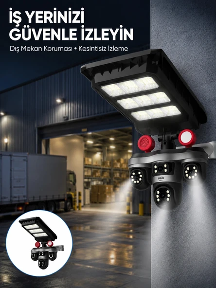 Solar Panelli 3 Lens Dış Mekan Güvenlik Kamerası Hareket Algılamalı Led Aydınlatmalı ürün görseli 1