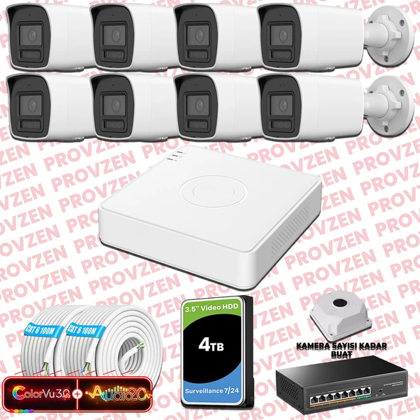 Provzen Hikvision 8 Kameralı 6MP IP ColorVu 3.0 Güvenlik Sistemi AI İnsan Araç Algılama Çift Yönlü Ses ve Işıklı Alarm ürün görseli 1