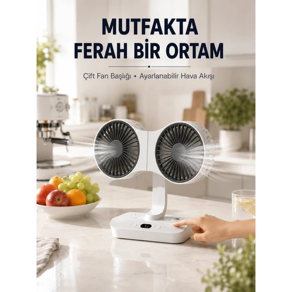 Ayarlanabilir Çift Fan Başlıklı Şarjlı Masa Vantilatörü ürün görseli 1
