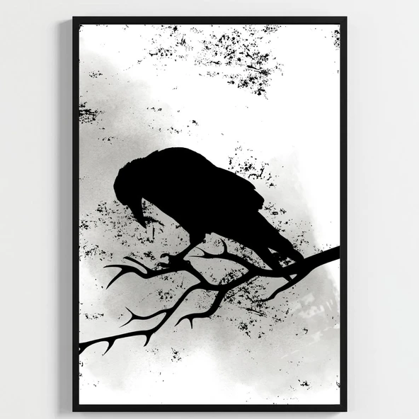 Besay Modern Kuzgun Ve Kuş Temalı Poster Seti | Gotik Gizemli Duvar Dekorasyonu | Siyah Beyaz Karga Ve Dal Tasarımlı Poster | 3 ürün görseli 1