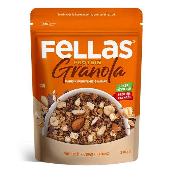 Fellas Vegan Protein Granola Karışık Kuruyemiş & Kakao 270G (8'li Paket) ürün görseli 1