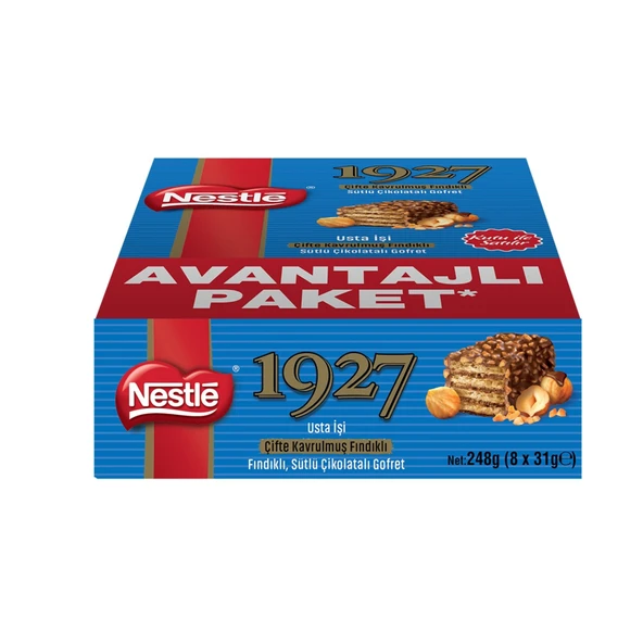 Nestle 1927 Çifte Kavrulmuş Fındıklı Sütlü Çikolatalı Gofret 8 x 31 G (4'li Paket) ürün görseli 1