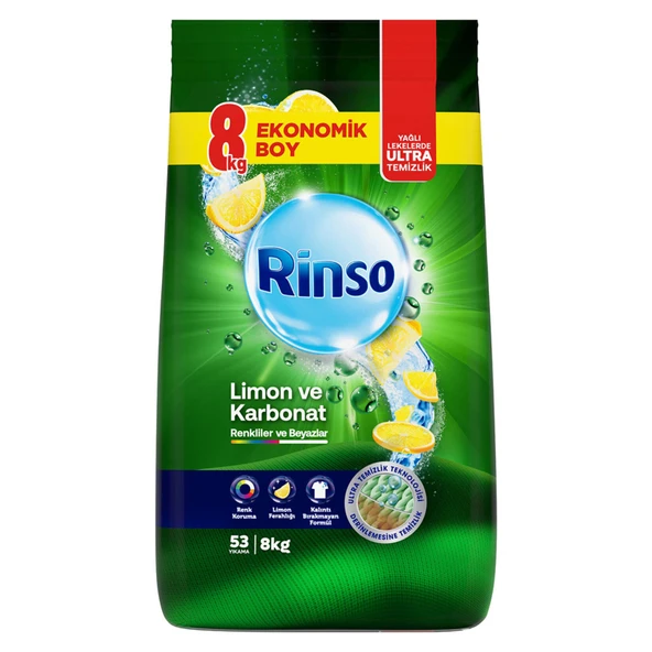 Rinso Toz Çamaşır Deterjanı Limon ve Karbonat Renkliler ve Beyazlar İçin Derinlemesine Temizlik 8 KG (8'li Paket) ürün görseli 1
