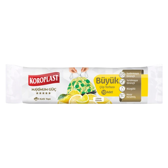 Koroplast Güçlü Büzgülü Çöp Torbası Limon Kokulu Büyük 10'Lu (6'li Paket) ürün görseli 1