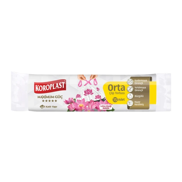 Koroplast Lotus Çiçeği Büzgülü Orta Çöp Torbası 15'li (4'li Paket) ürün görseli 1