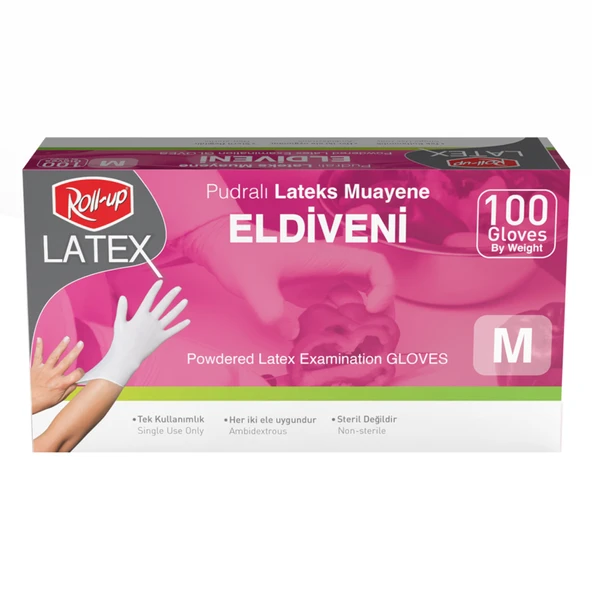 Roll-Up Pudralı Lateks Muayene Eldiven M 100'lü (4'li Paket) ürün görseli 1