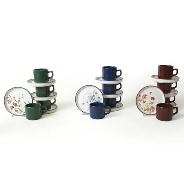 Keramika Stackable Çiçek Çay Fincan Takımı 8 Parça (3'li Paket) ürün görseli 1