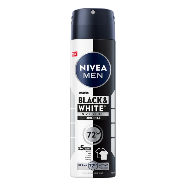 NIVEA MEN Erkek Sprey Deodorant Black&White 72 Saat Anti-perspirant Insible Original 150 ml (2'li Paket) ürün görseli 1