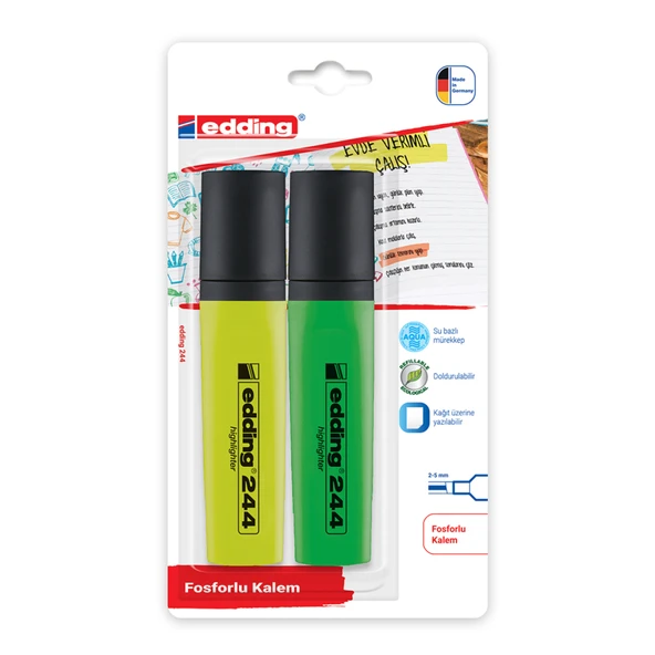 Edding 244 Fosforlu Kalem 2'li Blister Sarı - Yeşil (6'li Paket) ürün görseli 1