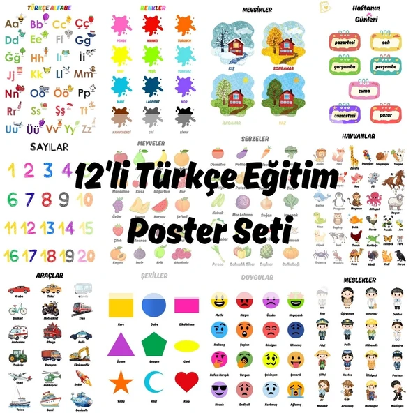 Besay Okul Öncesi Türkçe Eğitim Poster Seti 12'Li A4 Çerçevesiz ürün görseli 1