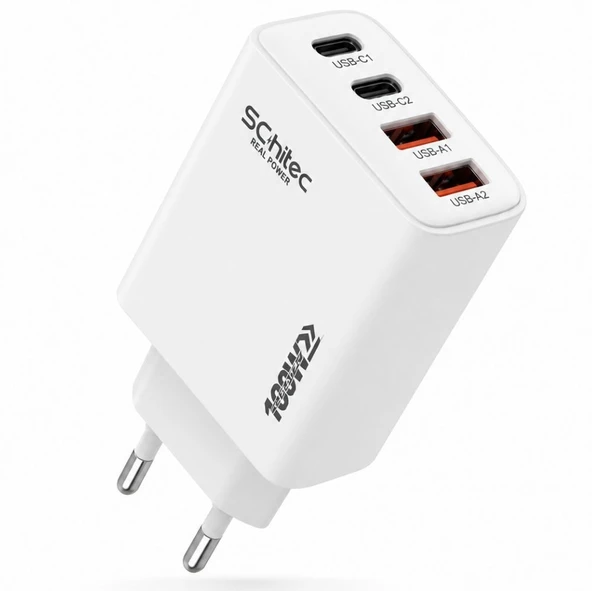 SChitec 100W 4 Çıkışlu 2 Type-C + 2 UsbA QC 3.0 Süper Hızlı Şarj Adaptörü Başlığı HG/TA-106EU ürün görseli 1