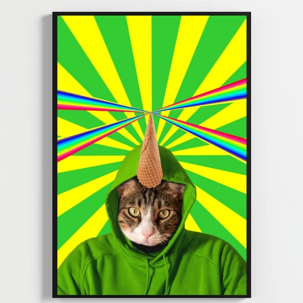 Besay Kozmik Kediler | Renkli Ev Duvar Dekorasyonu | Gökkuşağı Lazerli Ve Dondurmalı Komik Kedi Posteri | 3'Lü Set A2 Çerçevesi ürün görseli 1