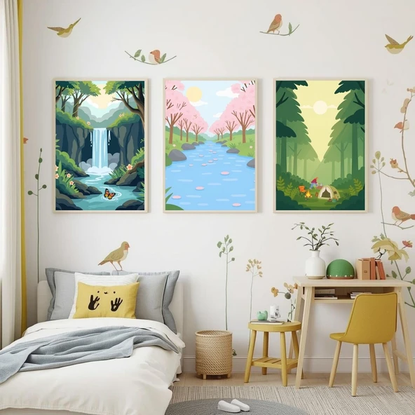 Besay Doğa Kaşifi | Çocuk Odası Manzara Tablosu | Kamp Ve Şelale Temalı Bebek Odası Posteri | 3'Lü Set A2 Çerçevesiz ürün görseli 1