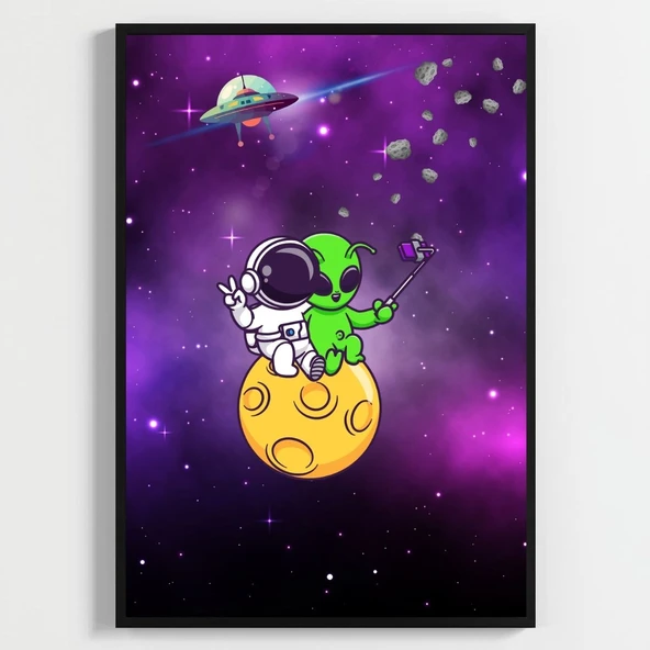Besay Kozmik Dostluk | Modern Çocuk Odası Duvar Dekorasyonu | Ufo Ve Gezegen İllüstrasyonlu Komik Tablo Seti | 3'Lü Set A4 Çerç ürün görseli 1