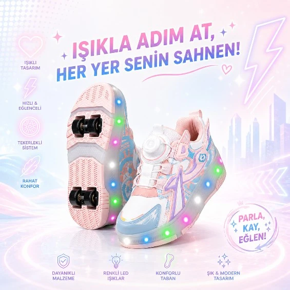 PATENLİ IŞIKLI AKILLI BAĞCIKLI ÇOCUK SNEAKER AYAKKABI PUDRA 29-36 ürün görseli 1