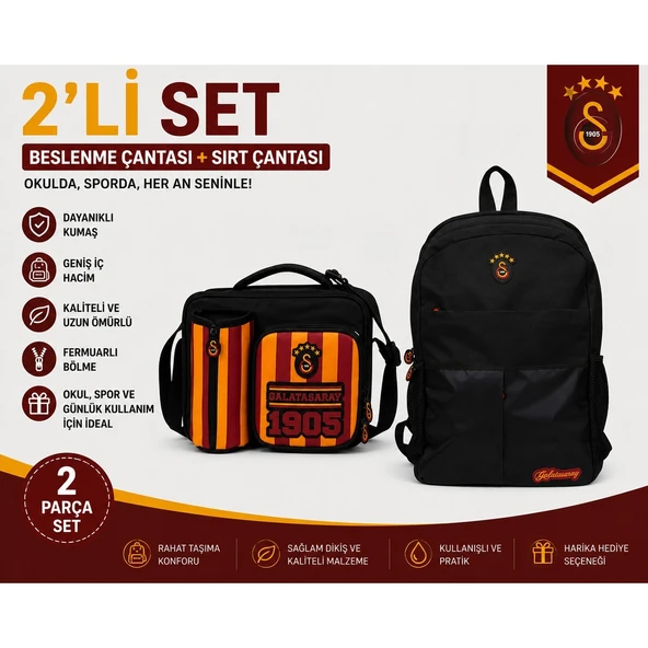 Galatasaray Lisanslı Su Geçirmez Siyah Sırt Çantası 26514+ Beslenme Çantası 26927 ürün görseli 1