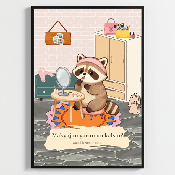 Besay Rujlu Rakun | Eğlenceli Banyo ve Giyinme Odası Duvar Dekorasyonu | Aynada Makyaj Yapan Komik Hayvan Poster Tablo | A3 Tek ürün görseli 1