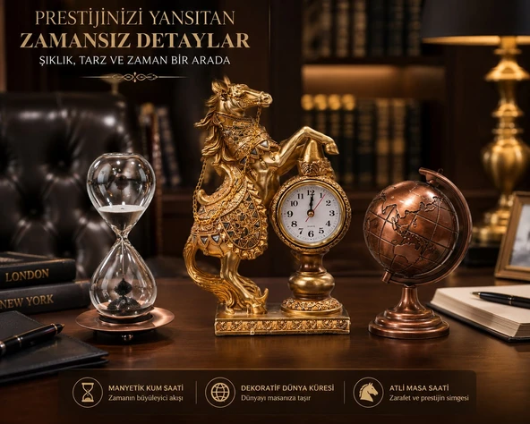 Lüks Prestij Masa Dekorasyon Seti Gold At Figürlü Masa Saati Metal Kum Saat Metal Bronz Dünya Küresi ürün görseli 1