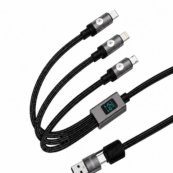 SChitec 5in1 100W Dijital Göstergeli Type-C ve UsbA Girişli Micro Type-C Lightning Çıkışlı Hızlı Şarj ve Data Kablosu 1.2m HG/C-26 ürün görseli 1