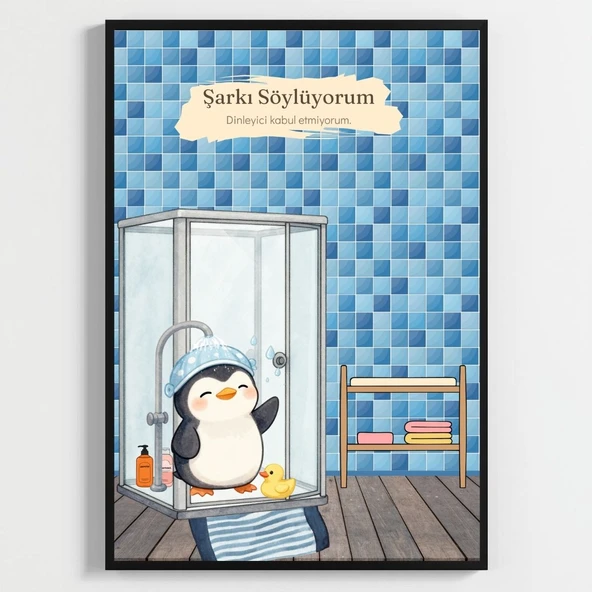 Besay Boneli Penguen | Eğlenceli Banyo ve Tuvalet Duvar Dekorasyonu | Duşta Şarkı Söyleyen Komik Hayvan Poster Tablo | A3 Tekli ürün görseli 1