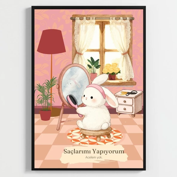 Besay Bantlı Tavşan | Eğlenceli Banyo ve Makyaj Odası Duvar Dekorasyonu | Aynada Saç Tarayan Komik Hayvan Poster Tablo | A4 Tek ürün görseli 1