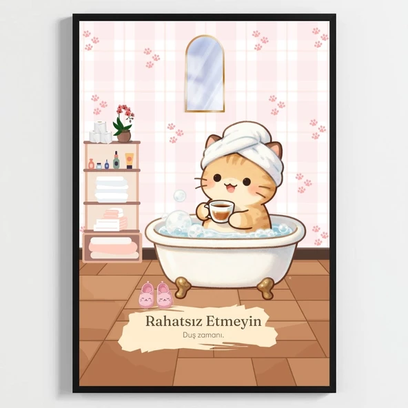 Besay Kahveli Kedi | Sevimli Kedili Tuvalet Duvar Sanatı | Havlulu ve Kahveli Komik Hayvan Poster Tablo | A3 Tekli Çerçevesiz ürün görseli 1