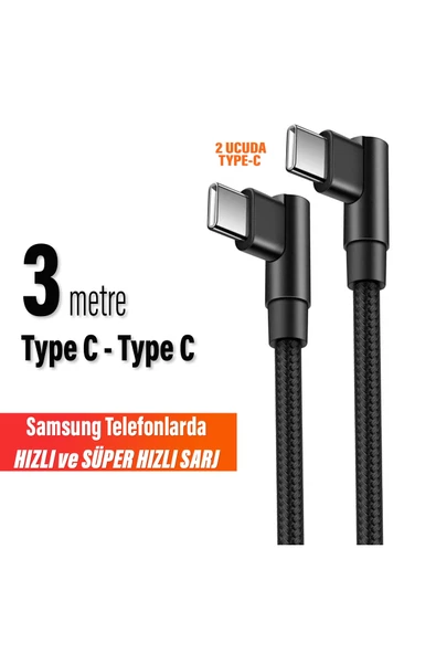 3 Metre TYPE-C Şarj Kablosu HIZLI Şarj Samsung Telefon Tablet Uyumlu Type c to Type C Uzun ürün görseli 1