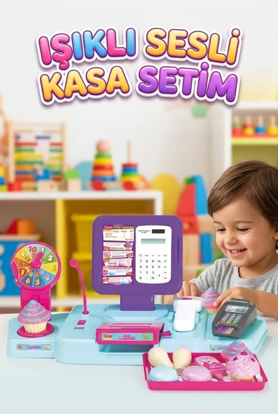 Sesli ve Işıklı Çocuk Kasa Oyun Seti Hesap Makineli Eğitici Mini Alışveris Kasası Oyuncak Seti ürün görseli 1