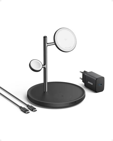 Anker,MagGo 3'ü 1 Arada Şarj İstasyonu, Qi2 Sertifikalı 15W MagSafe Uyumlu Kablosuz Şarj Standı, Apple Watch, iPhone 15/14 için, AirPods, Apple Watch 9 (25W USB-C Şarj Cihazı Dahil), Siyah Outlet ürün görseli 1