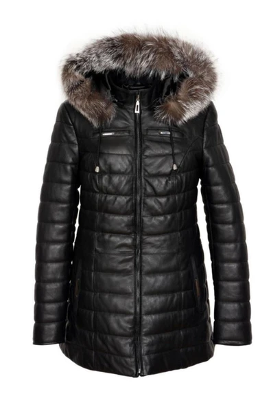 Hakiki Deri Siyah Şişme Kürklü Kadın Ceket ürün görseli 1
