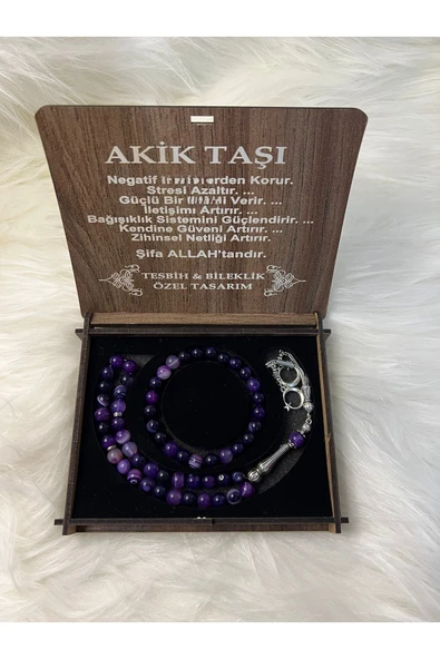 AKİK TAŞI TESBİH & BİLEKLİK SETİ ÖZEL TASARIM AHŞAP KUTUSUNDA- MOR DOĞAL TAŞ ürün görseli 1